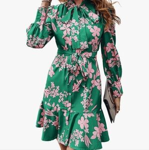 Long Sleeve Floral Tie Neck Button Down Dress